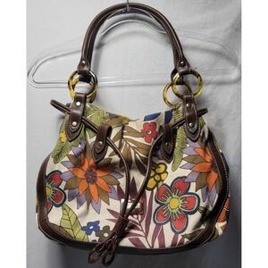Relic vtg Cvas Floral Prt Satchel Shoulder Bag Brwn Leather Trim Tortoise Accets